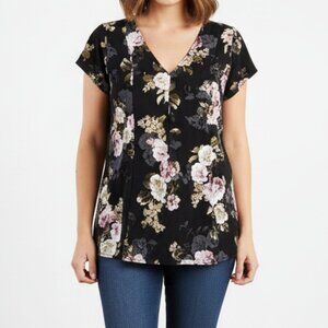 Torrid Black Floral Rayon/spandex Stretch Challis Lace-Up Back Top Blouse Size 4